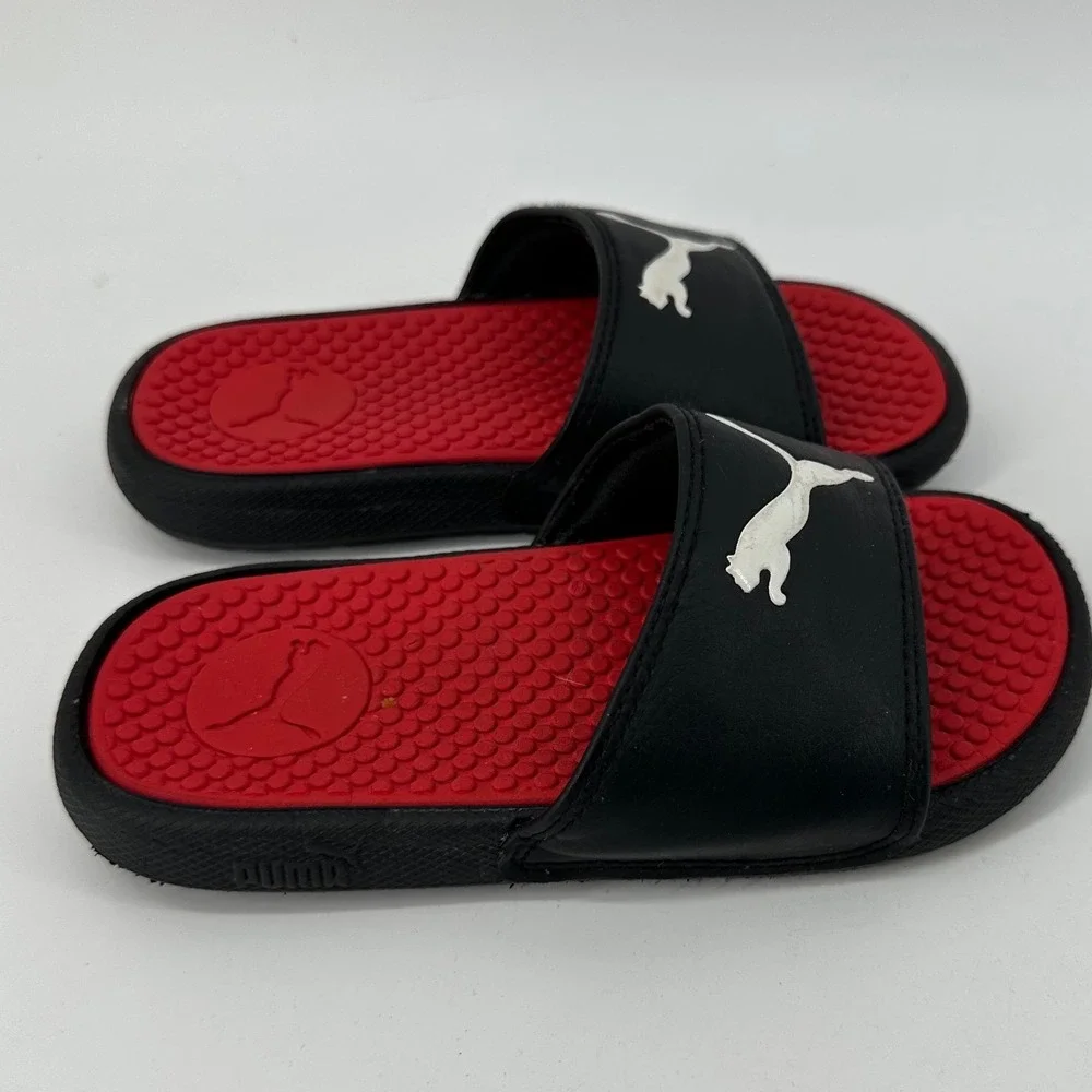 Puma Cool Cat Kids Slides Black Red White Athletic Sandals Size 11 US 28 EUR